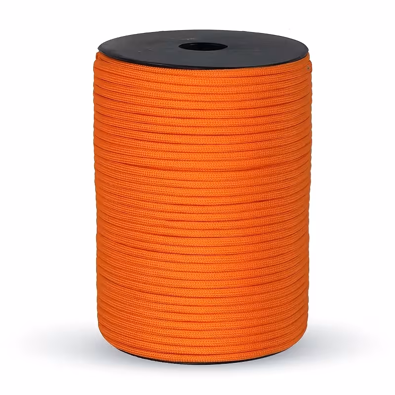 The Ultimate 164ft Roll of 9-Strand Rope 4mm: Heavy-Duty Utility Cord for Tents & Tarps 6 A professional product photograph showing a large, neatly wound orange color roll of 9-strand rope (4mm) on a black spool, isolated against a plain white background.