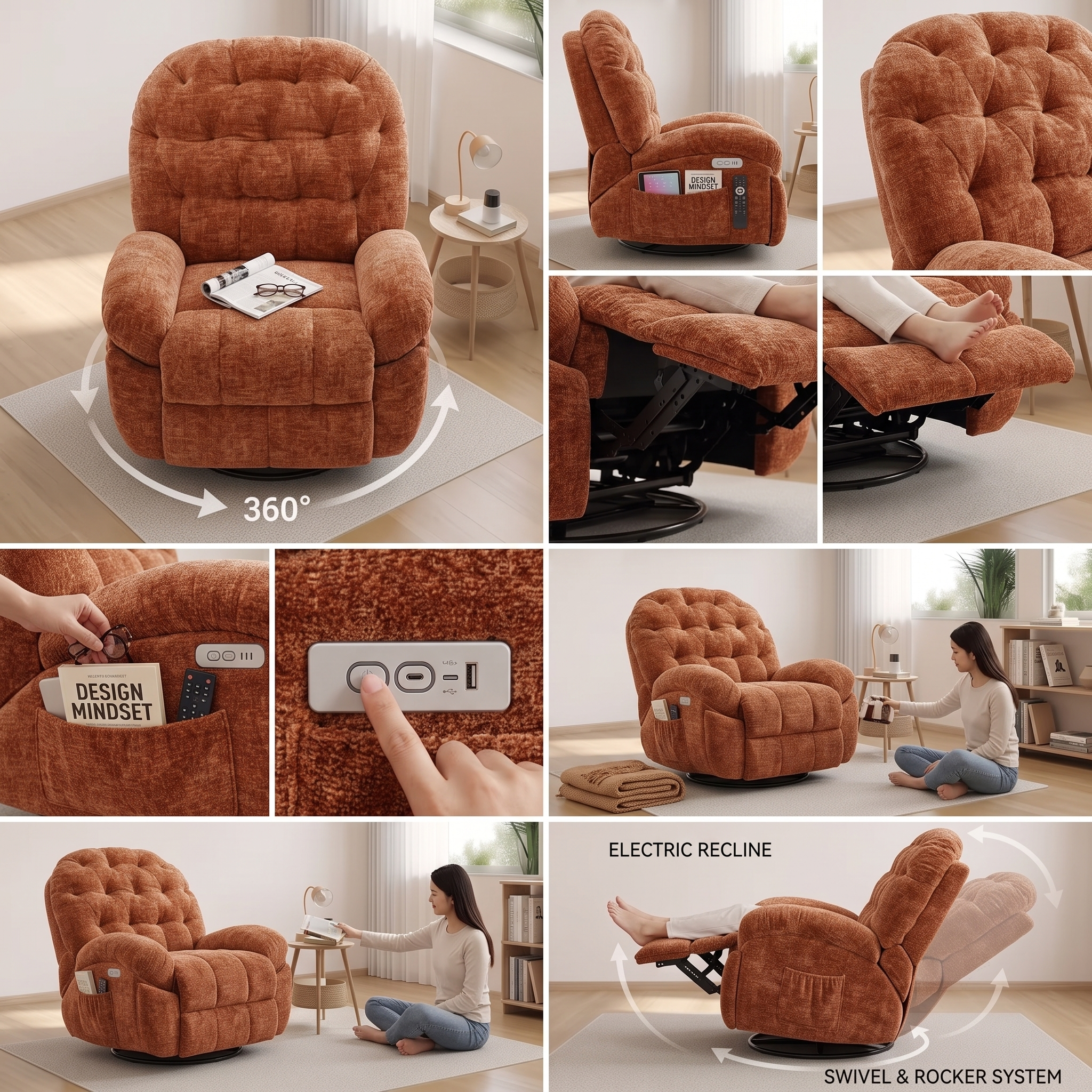 Oversized Swivel Recliner Chair, Adult Electric Recliner with USB Port And Side Pocket Storage, Comfortable Soft Shell Rocking Chair, Large Chenille Recliner Suitable for The Living Room 23 A multi-panel technical feature collage displaying an orange overstuffed electric recliner. Panels include a main 360-degree rotation graphic, close-up frames of a hand inserting glasses into the side sleeve, a finger interacting with the power dock, and lifestyle angles showing a woman relaxing at an incline.