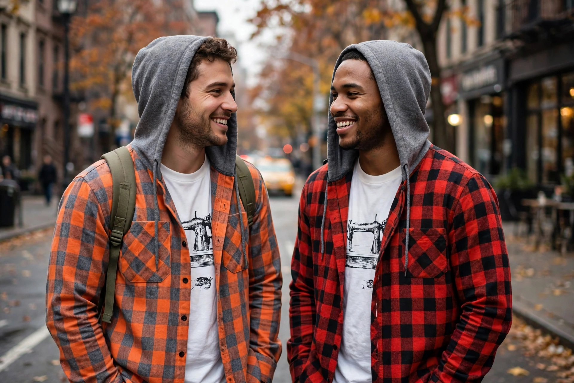 2pcs Men's New York Fashion Trendy Plaid Shirt Hoodie, Plaid Pullover Sweatshirt Flannel Hoodie 24 mrali orange gray red 56u6u65