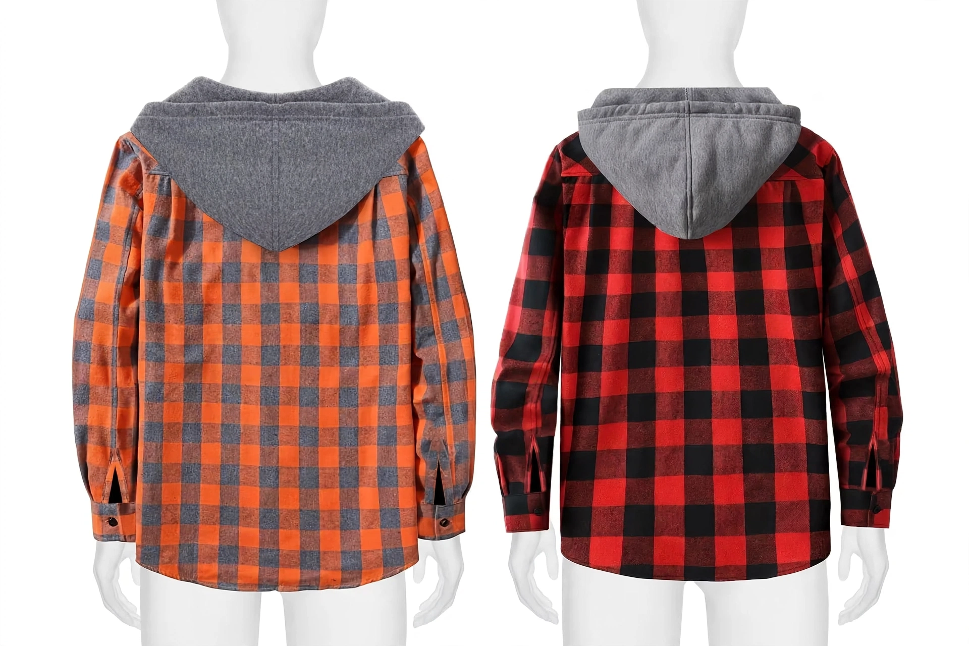 2pcs Men's New York Fashion Trendy Plaid Shirt Hoodie, Plaid Pullover Sweatshirt Flannel Hoodie 27 mrali orange gray red back view tgtgrg