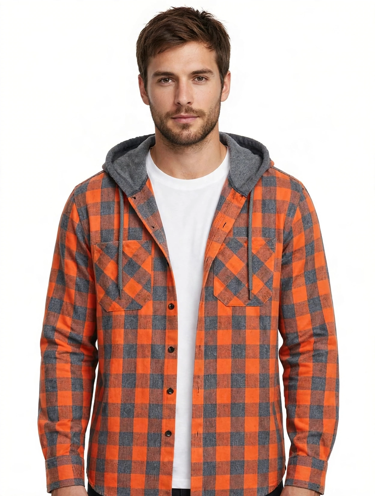 2pcs Men's New York Fashion Trendy Plaid Shirt Hoodie, Plaid Pullover Sweatshirt Flannel Hoodie 35 Front close-up of a male model wearing an open orange and gray fashion trendy plaid shirt hoodie over a white t-shirt, featuring a gray hood and chest pockets.