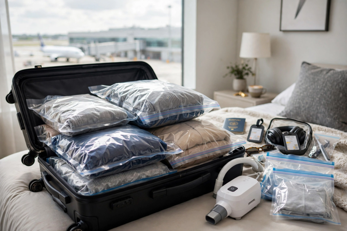 Vacuum Storage Bags 16pcs Vacuum Compression Bags with Electric Pump, (7 Small, 6 Medium, 3 Large)Vacuum Seal Storage Bags Space Saver Travel Size for Storage for Luggage, Vacuum Storage Bags for Clothes, Bedding, Pillows, Quilts, Blankets 3 An open black suitcase on an airport floor, neatly packed with clothes compressed inside transparent Vacuum Storage Bags, with a portable electric pump nearby.