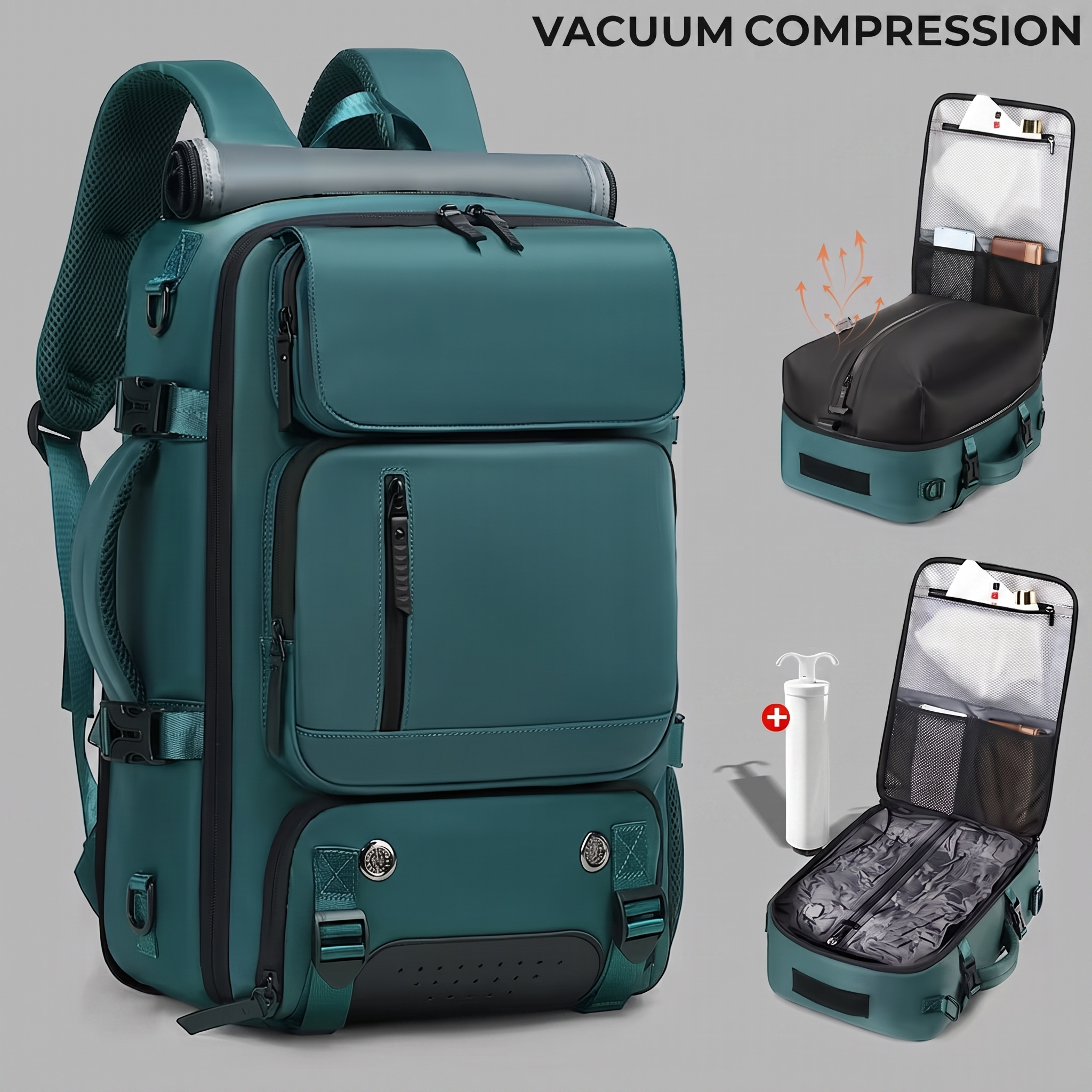 reliable Business Men'S Vacuum Compression Backpack | Multi-functional Shoulder/Handbag, Laptop Compartment, Includes Pump, Ideal for Camping, Hiking, Daily Commute, Foldable, Lightweight, Peacock 5 A studio product layout featuring a three-quarter view of a peacock green color Business Men'S Vacuum Compression Backpack set against a solid grey background. The right side of the image features two stacked inset graphics showing the main compartment expanding and the step-by-step air extraction process using a white hand pump on the built-in compression bag valve.