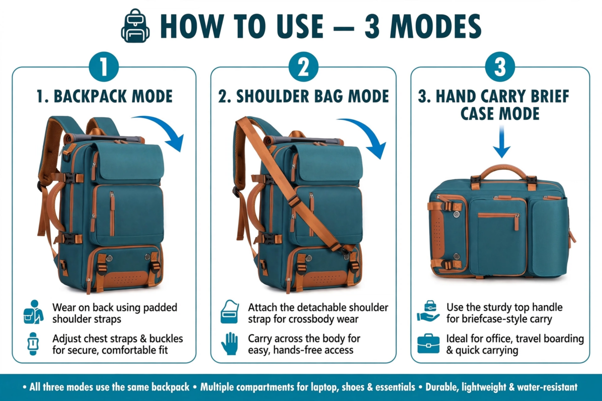 A Versatile Large-Capacity Backpack for Students, Suitable for Short Trips, Laptops, And Various Uses, Including Dual Shoulder Straps And a Convenient Carry Option 13 An instructional infographic illustrating the three different carrying configurations of the peacock blue color Versatile Large-Capacity Backpack for Students.