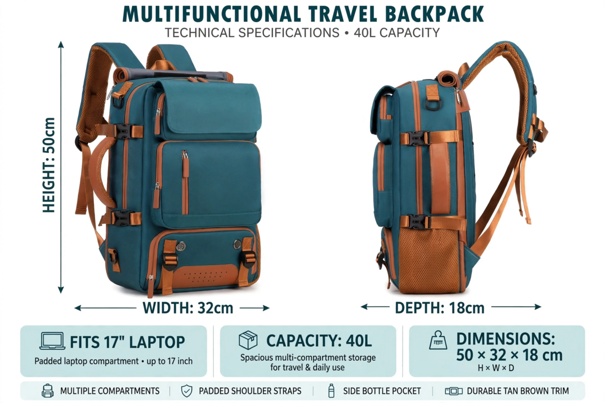 A Versatile Large-Capacity Backpack for Students, Suitable for Short Trips, Laptops, And Various Uses, Including Dual Shoulder Straps And a Convenient Carry Option 14 A technical measurement schematic illustrating dimensions and design features of the peacock blue color Versatile Large-Capacity Backpack for Students.