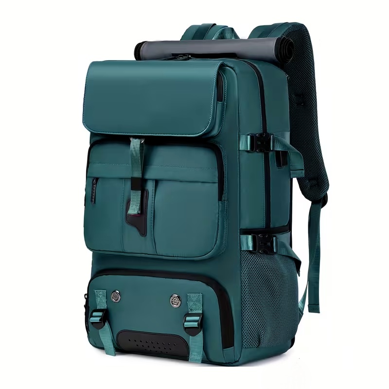 One Large Capacity Laptop Backpack, Designed for Both Men And Women, Featuring a Multifunctional Travel Design with a Compartment for Shoes, Ideal for Business Trips, Travel, College, Holiday Travel, Party Gifts, School Use 11 A direct professional studio front three quarter view of a peacock color One Large Capacity Laptop Backpack standing upright on a white background. The backpack features teal colored premium fabric, a multi tiered front zipper compartment system, adjustable side compression straps with black buckles, and a matching mesh side bottle holder.