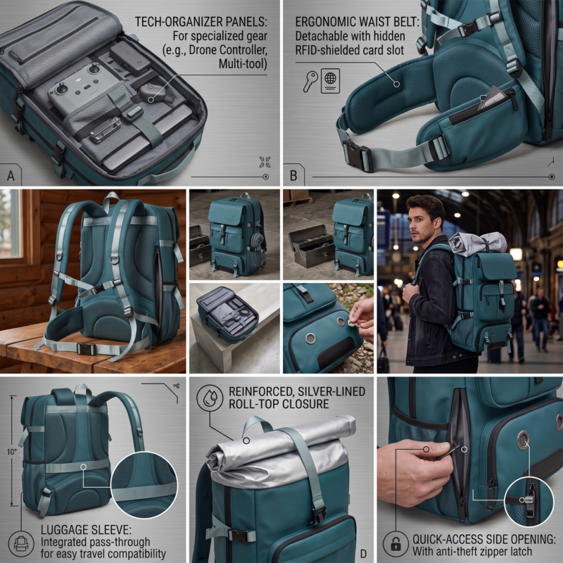 One Large Capacity Laptop Backpack, Designed for Both Men And Women, Featuring a Multifunctional Travel Design with a Compartment for Shoes, Ideal for Business Trips, Travel, College, Holiday Travel, Party Gifts, School Use 12 An interactive feature graphic for a peacock color One Large Capacity Laptop Backpack. Callouts highlight internal tech organizer panels packing a drone controller and tools, an ergonomic waist belt with a hidden RFID shielded card slot, an integrated luggage pass through pass sleeve on the rear padding, a reinforced silver lined roll top closure, and a quick access side opening featuring an anti theft zipper latch.
