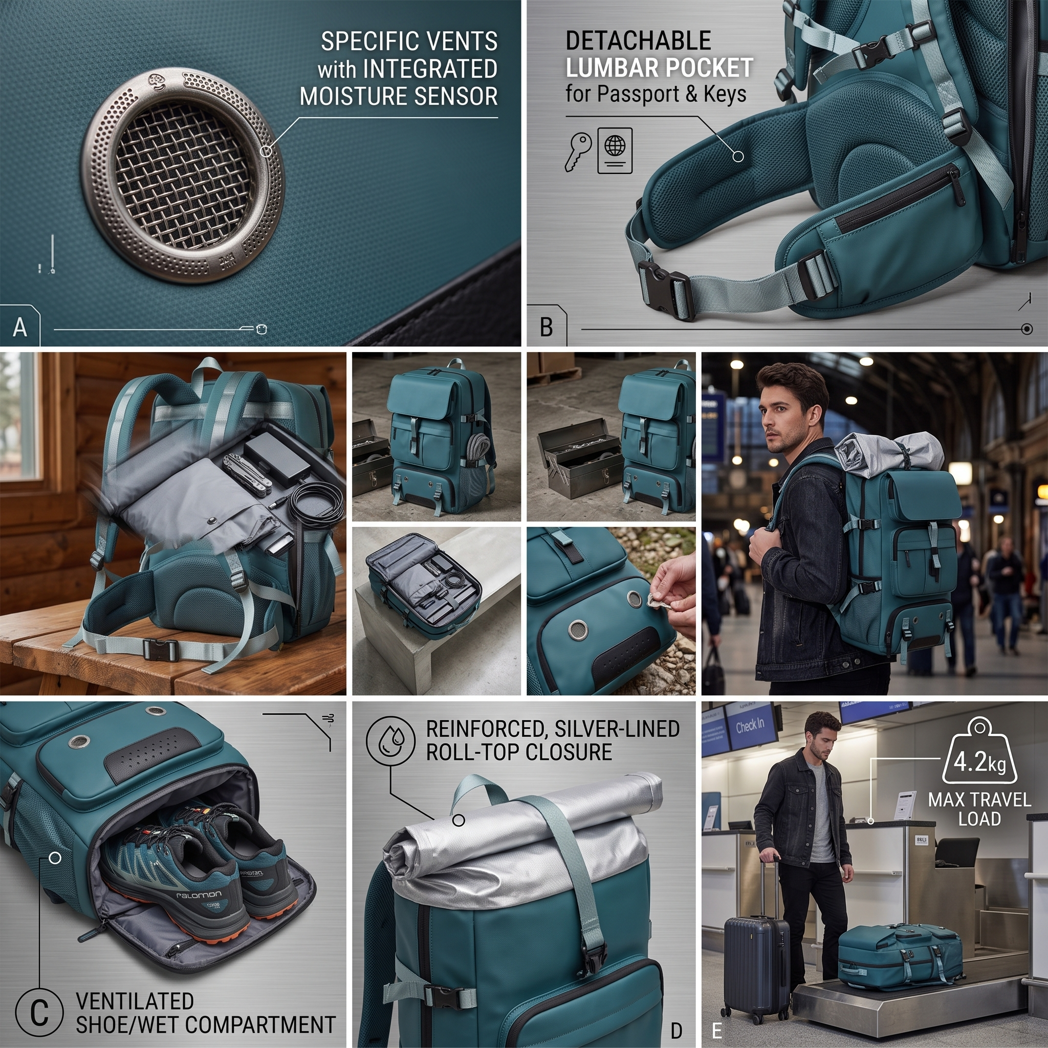One Large Capacity Laptop Backpack, Designed for Both Men And Women, Featuring a Multifunctional Travel Design with a Compartment for Shoes, Ideal for Business Trips, Travel, College, Holiday Travel, Party Gifts, School Use 20 A functional infographic collage for a peacock color One Large Capacity Laptop Backpack. Highlighted areas demonstrate integrated moisture sensor air vents, a detachable lumbar passport pocket, a lower zipper compartment serving as a ventilated shoe or wet storage area holding athletic sneakers, a reinforced silver lined roll top, and a man at an airport check in counter weighing the bag under a max travel load indicator of 4.2 kilograms.