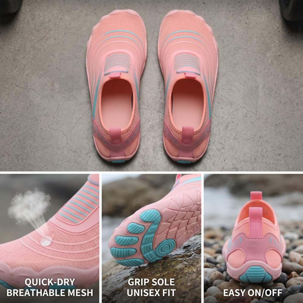 Unisex Quick-Dry Water Shoes, Comfortable and Breathable, Suitable for Fishing, Surfing, Hiking, Wading, Beach Play, and Fitness Squats 25 Studio product graphic showcasing a top-down view of a pair of pink color Unisex Quick-Dry Water Shoes alongside close-up thumbnails detailing the quick-dry breathable mesh upper, aqua-colored grip sole pods, and heel tabs for easy on-and-off use.
