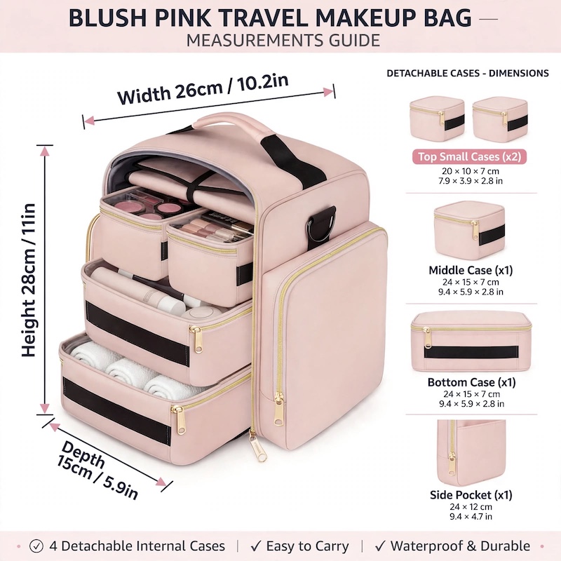 Travel Makeup Bag Spacious for Holidays/4 Detachable Cases/Jewelry Roll/Various Storage Compartments/Cosmetics, Toiletries, Skincare, Hair Products/Perfect Gifts for Women/Christmas 19 Infographic showing the dimensions and width/height details of the pink travel makeup bag spacious for holidays and its detachable cases.