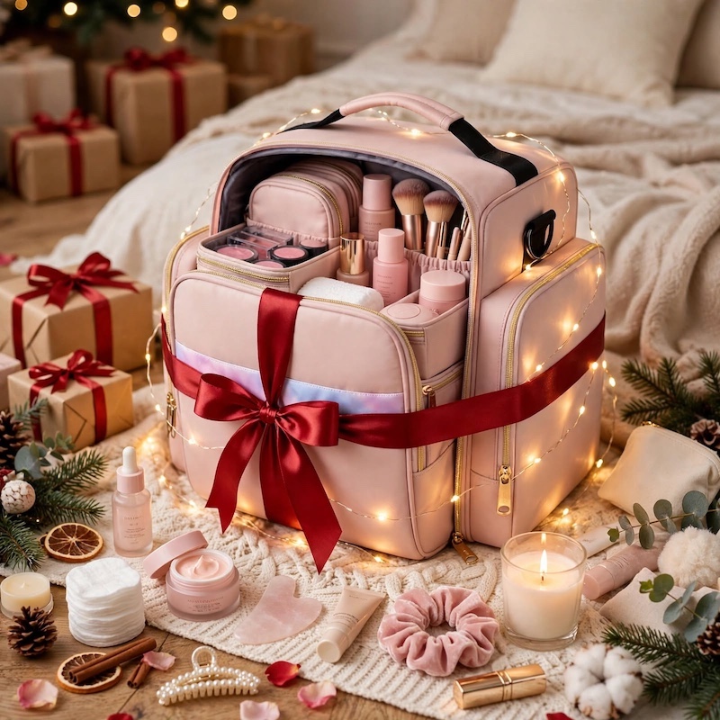 Travel Makeup Bag Spacious for Holidays/4 Detachable Cases/Jewelry Roll/Various Storage Compartments/Cosmetics, Toiletries, Skincare, Hair Products/Perfect Gifts for Women/Christmas 3 A pink travel makeup bag spacious for holidays wrapped with a red ribbon, surrounded by fairy lights, cosmetics, and Christmas gifts.