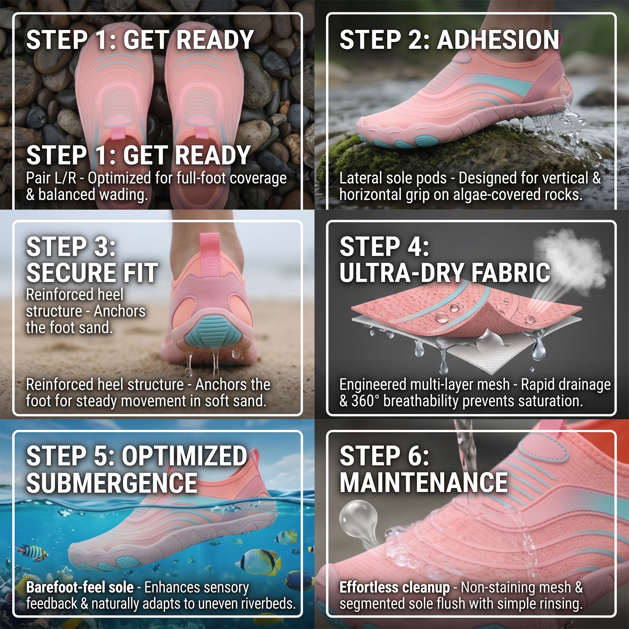 Unisex Quick-Dry Water Shoes, Comfortable and Breathable, Suitable for Fishing, Surfing, Hiking, Wading, Beach Play, and Fitness Squats 32 A 6-step infographic guide explaining how to wear and maintain pink color Unisex Quick-Dry Water Shoes, covering topics like full-foot coverage, lateral sole adhesion on wet rocks, heel anchoring in sand, multi-layer mesh breathability, underwater submergence flexibility, and simple rinse cleanup.
