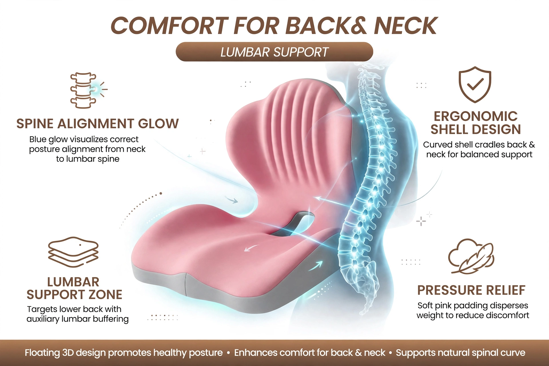 1pc Shell-Shaped Ergonomic Seat Cushion Soft Comfortable Chair Cushion For Office Chair, Car Seat And Home Use, Supportive Design For Daily And Long Hours Sitting 13 Informational graphic illustrating spine alignment technology, ergonomic shell design, and pressure relief zones for the pink color Seat Cushion Soft Comfortable Chair.