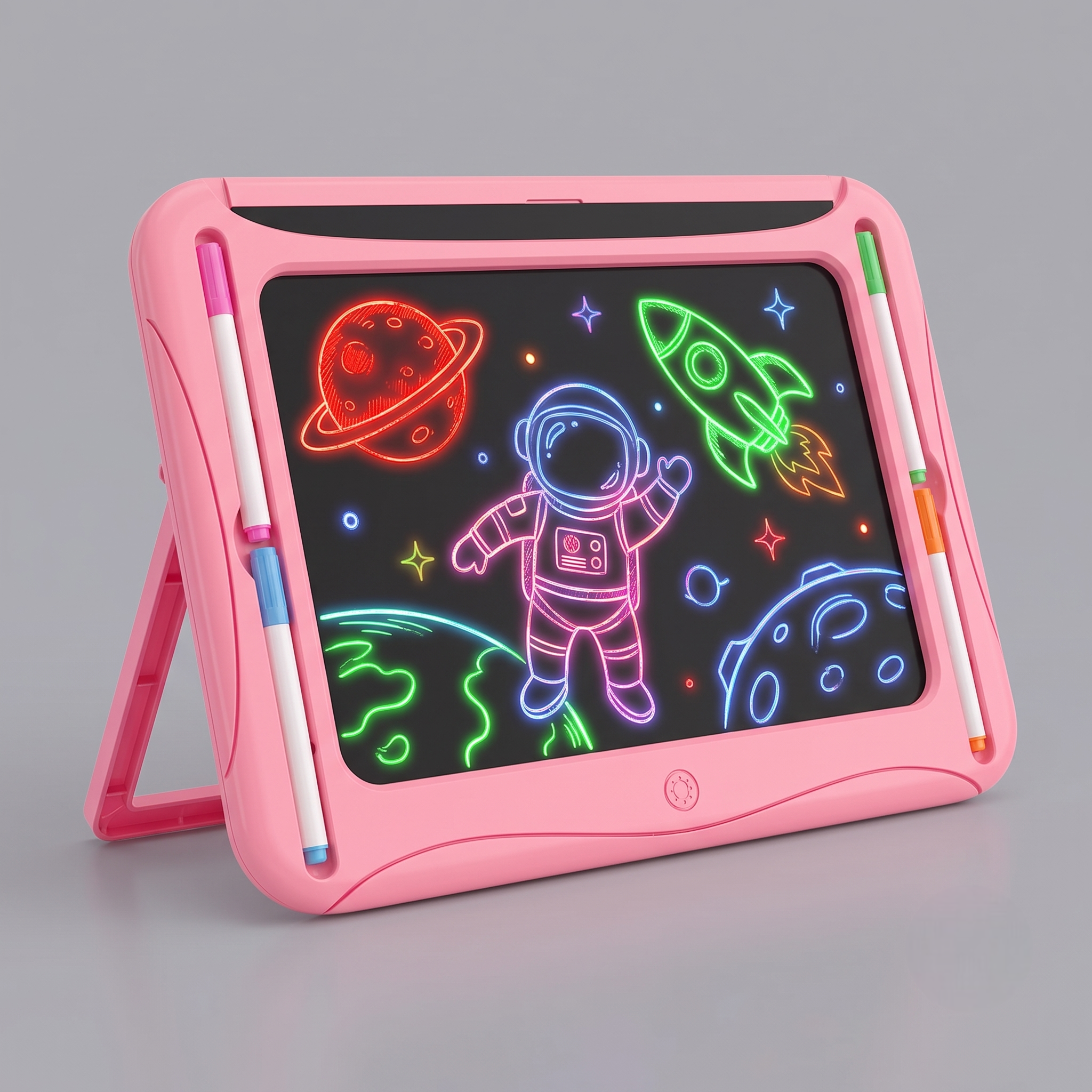 LED Light-Up Drawing Writing Doodle Board, Learning Travel Toy with 9 Double-Sided Cards, 6 Markers, Art Set, Suitable for Birthday Gifts And Christmas Gifts for Girls And Boys Aged 3-8. 10 A pink color LED Light Up Drawing Writing Doodle Board shown from the front angle, featuring a glowing astronaut and planet design on the display.