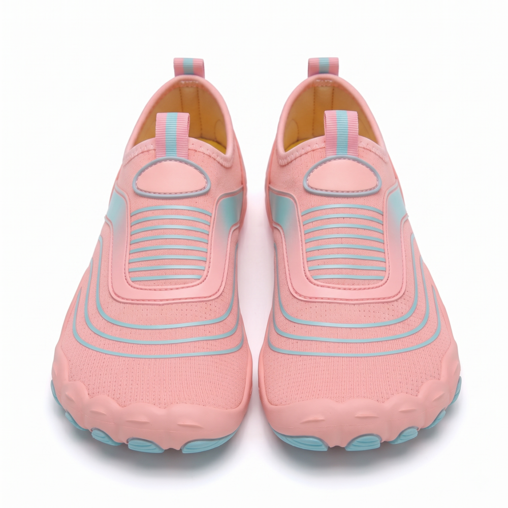 Unisex Quick-Dry Water Shoes, Comfortable and Breathable, Suitable for Fishing, Surfing, Hiking, Wading, Beach Play, and Fitness Squats 26 Straight-on front view of a pair of pink color Unisex Quick-Dry Water Shoes on a seamless white background, highlighting the wide ergonomic toe box and rubber pod protection bumpers.