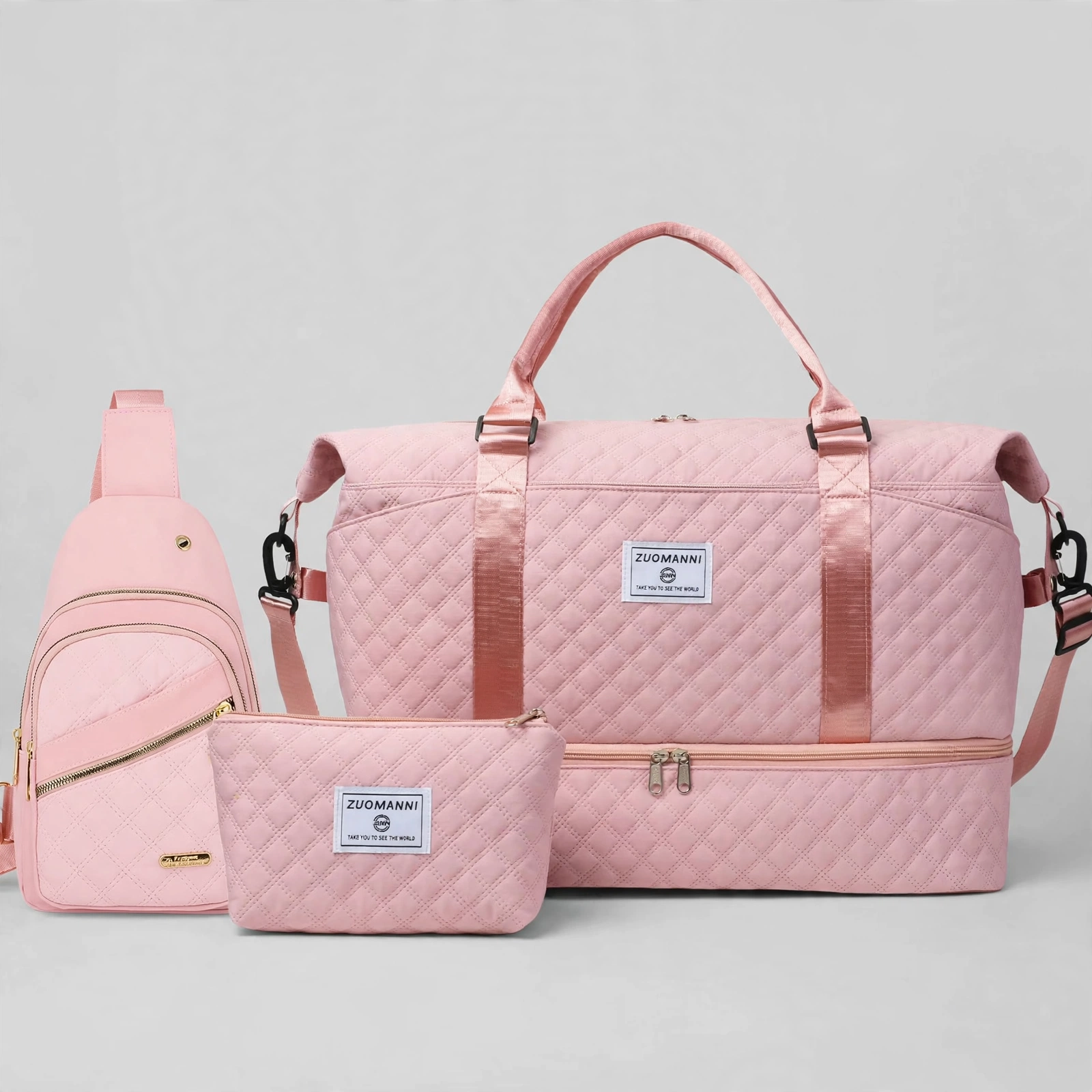 A Three-Piece Travel Set Including a Tote Bag, a Toiletry Bag, And a Shoulder Bag, Featuring a Spacious Independent Shoe Compartment, Perfect for Outdoor Fitness, Travel, Overnight Stays, And Weekend Trips 15 mrali pink front view tote bag