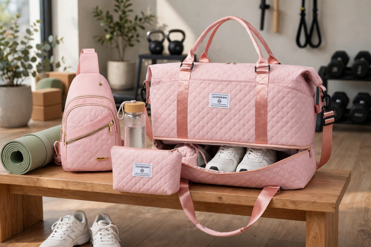 A Three-Piece Travel Set Including a Tote Bag, a Toiletry Bag, And a Shoulder Bag, Featuring a Spacious Independent Shoe Compartment, Perfect for Outdoor Fitness, Travel, Overnight Stays, And Weekend Trips 12 A pink color tote bag set arranged on a wooden gym bench, showcasing an open bottom shoe compartment with sneakers, a matching sling bag, a pouch, and a water bottle.