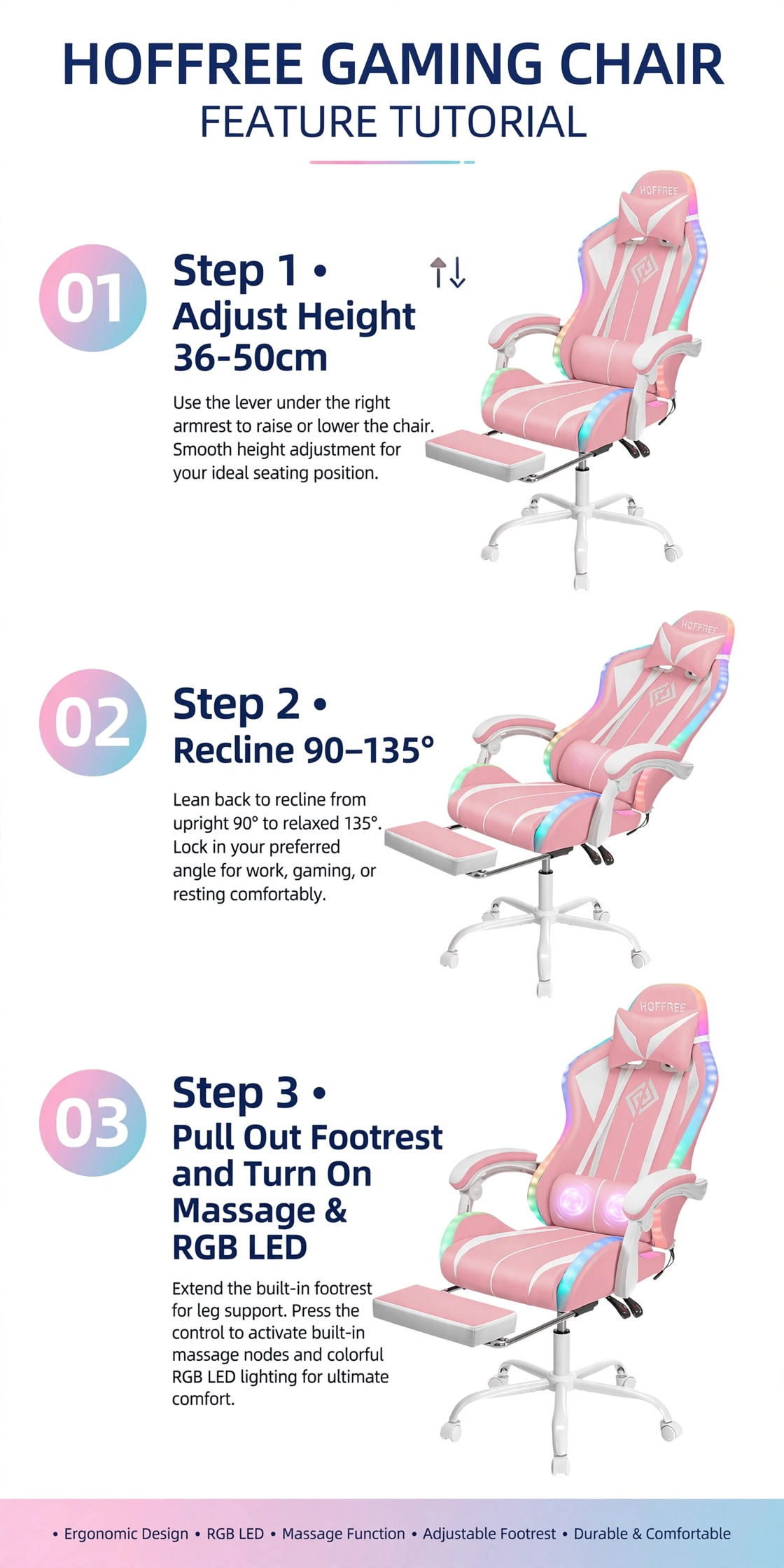 New Model 1.2 Two-Point Massage Lumbar with 135-Degree LED Light Strip 25 Instructional tutorial graphic for the pink Hoffree gaming chair showing height adjustment, recline, and activation of the 1.2 Two-Point Massage Lumbar.