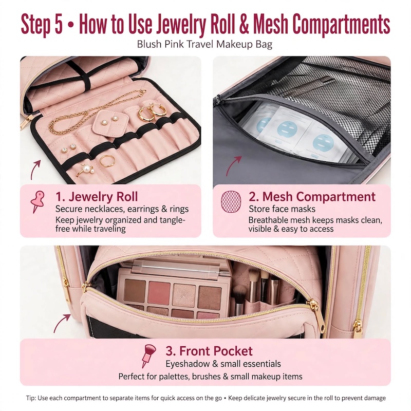 Travel Makeup Bag Spacious for Holidays/4 Detachable Cases/Jewelry Roll/Various Storage Compartments/Cosmetics, Toiletries, Skincare, Hair Products/Perfect Gifts for Women/Christmas 17 Tutorial infographic showing step 5 of the travel makeup bag spacious for holidays, highlighting the jewelry roll, mesh compartments, and front pockets.