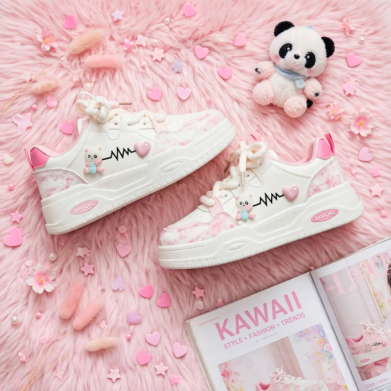 Women's White Platform Sneakers - Chunky Platform Shoes with Upper & PVC Sole, Lace-Up Mid-Top Casual Athletic Wear Suitable for Spring/Autumn, - Comfortable Footwear, Women Shoes 17 An aesthetic flatlay on a fluffy pink rug, featuring a pair of pink color Women's White Platform Sneakers, a plush panda toy, and a "Kawaii Style" magazine.
