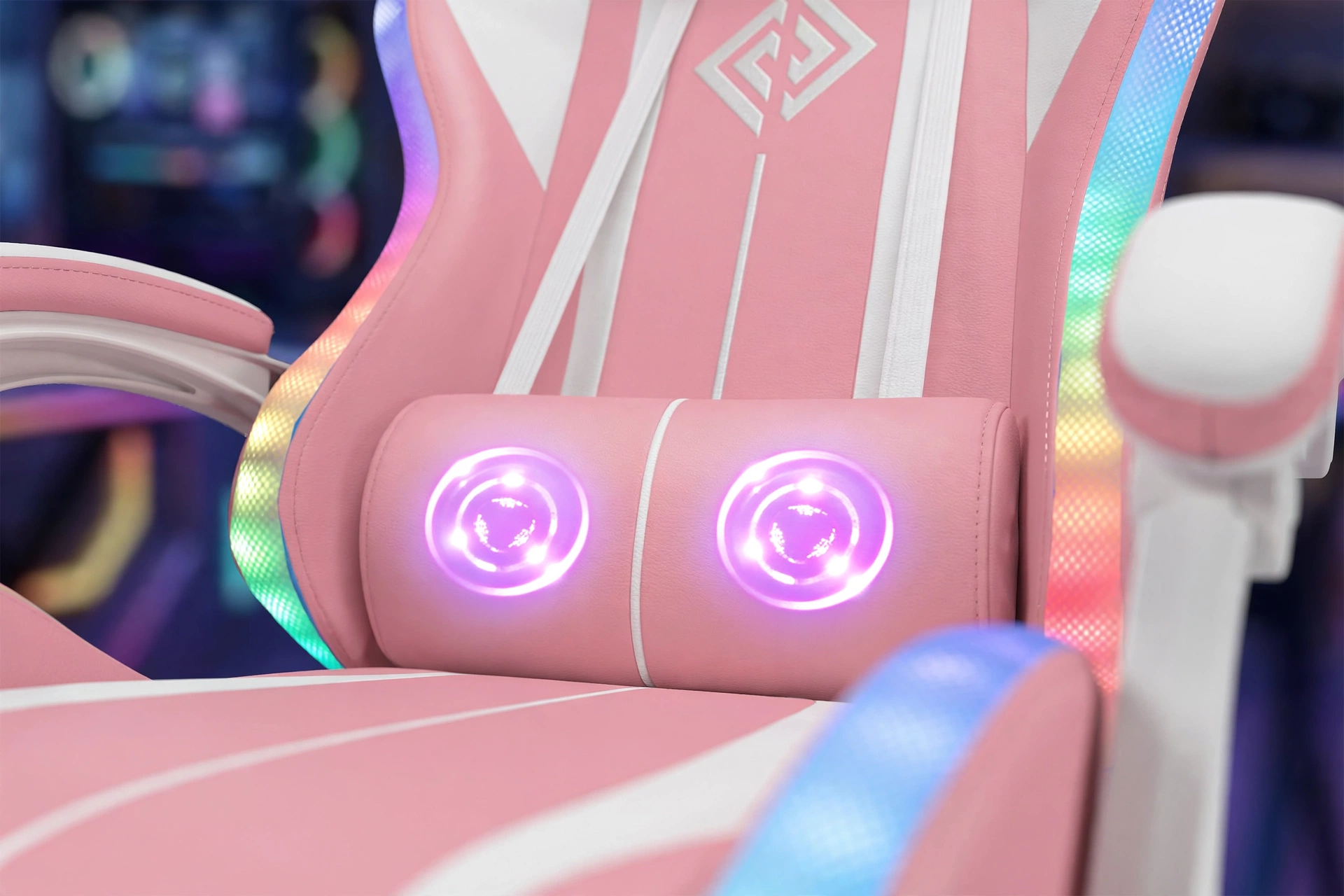 New Model 1.2 Two-Point Massage Lumbar with 135-Degree LED Light Strip 24 Macro close-up image of glowing purple-pink massage nodes on the 1.2 Two-Point Massage Lumbar cushion of a Hoffree gaming chair.