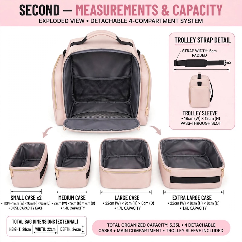 Travel Makeup Bag Spacious for Holidays/4 Detachable Cases/Jewelry Roll/Various Storage Compartments/Cosmetics, Toiletries, Skincare, Hair Products/Perfect Gifts for Women/Christmas 6 Exploded view graphic illustrating the 4 detachable internal cases, trolley sleeve, and overall capacity of the pink travel makeup bag spacious for holidays.