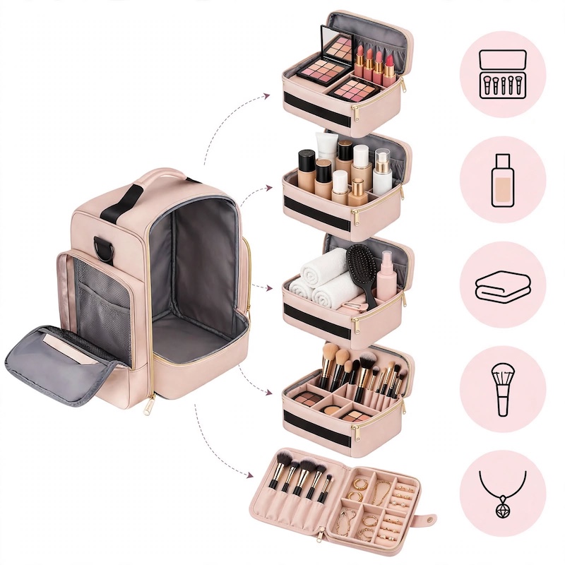 Travel Makeup Bag Spacious for Holidays/4 Detachable Cases/Jewelry Roll/Various Storage Compartments/Cosmetics, Toiletries, Skincare, Hair Products/Perfect Gifts for Women/Christmas 7 Graphic displaying the interior of the pink travel makeup bag spacious for holidays packed with various cosmetics, brushes, skincare bottles, and jewelry.