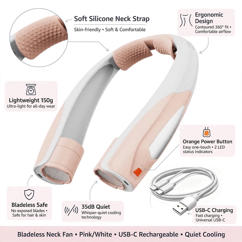 Ultra-Long Battery Life: 6-20 Hours, Dual Wind Speeds, Super Quiet Brushless Motor, 3000mAh*2, Durable USB Charging, Soft Silicone Neck Strap, Ideal for Work, Travel, Sports, and Outdoor Activities, Outdoor Sports Fan|Ergonomic Neckband Fan|Durable 13 mrali pink neck fan infographic