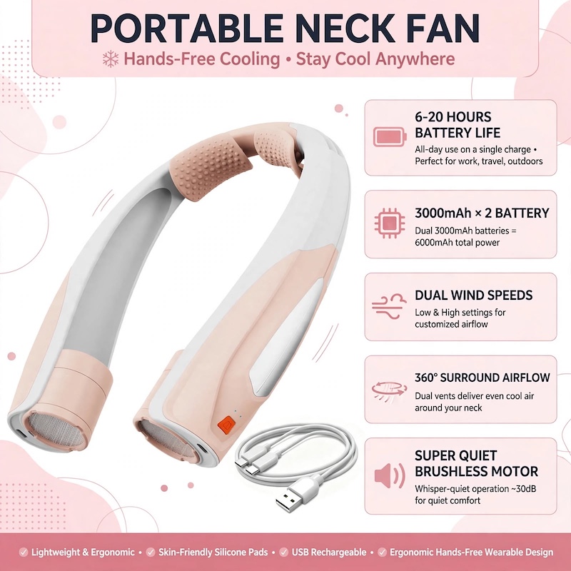 Ultra-Long Battery Life: 6-20 Hours, Dual Wind Speeds, Super Quiet Brushless Motor, 3000mAh*2, Durable USB Charging, Soft Silicone Neck Strap, Ideal for Work, Travel, Sports, and Outdoor Activities, Outdoor Sports Fan|Ergonomic Neckband Fan|Durable 12 mrali pink portable neck fan infographic