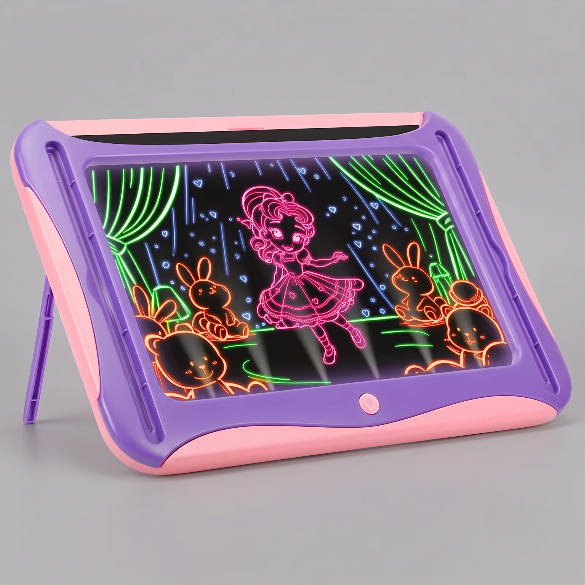 LED Light-Up Drawing Writing Doodle Board, Learning Travel Toy with 9 Double-Sided Cards, 6 Markers, Art Set, Suitable for Birthday Gifts And Christmas Gifts for Girls And Boys Aged 3-8. 11 A pink purple color LED Light Up Drawing Writing Doodle Board shown from the front angle, featuring a vibrant cartoon character drawing on the screen.