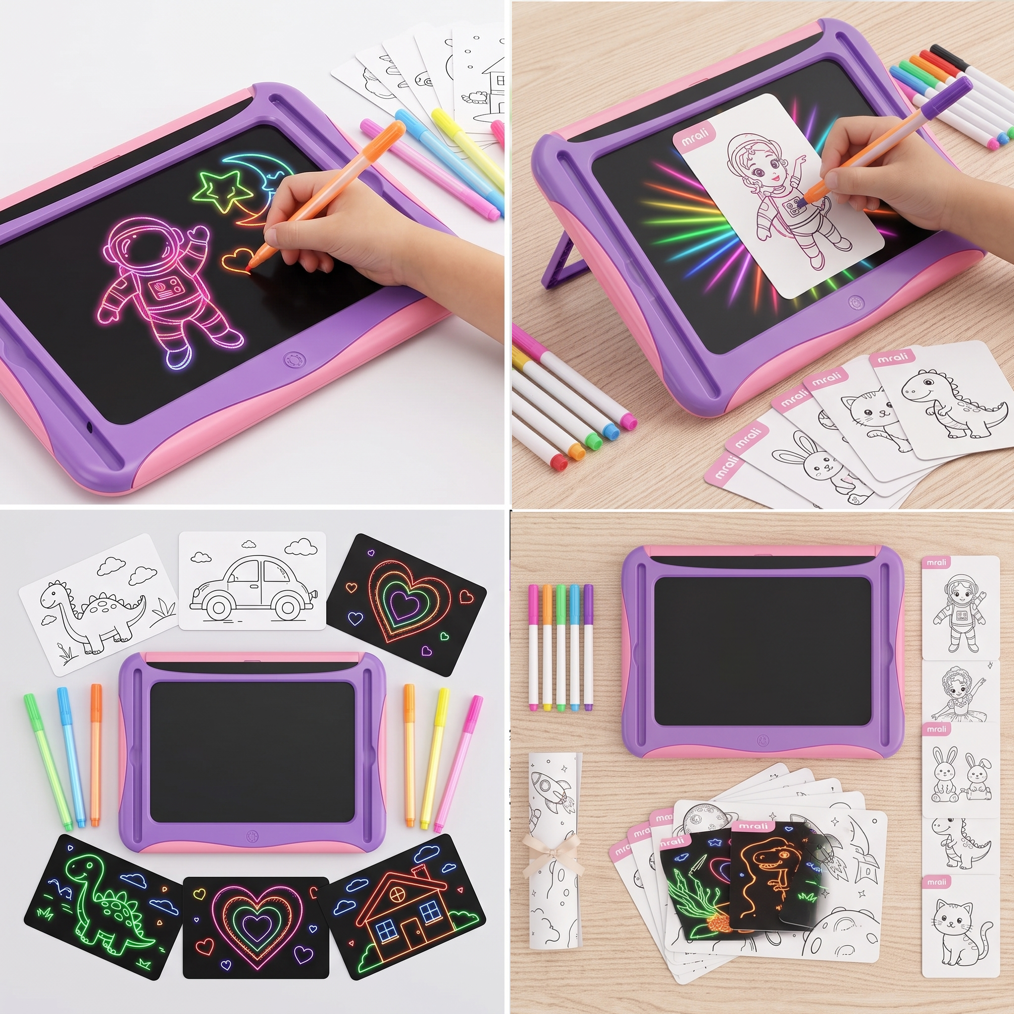 LED Light-Up Drawing Writing Doodle Board, Learning Travel Toy with 9 Double-Sided Cards, 6 Markers, Art Set, Suitable for Birthday Gifts And Christmas Gifts for Girls And Boys Aged 3-8. 12 A collage showing the pink purple color LED Light Up Drawing Writing Doodle Board with a child drawing an astronaut, alongside various colored markers and activity cards.