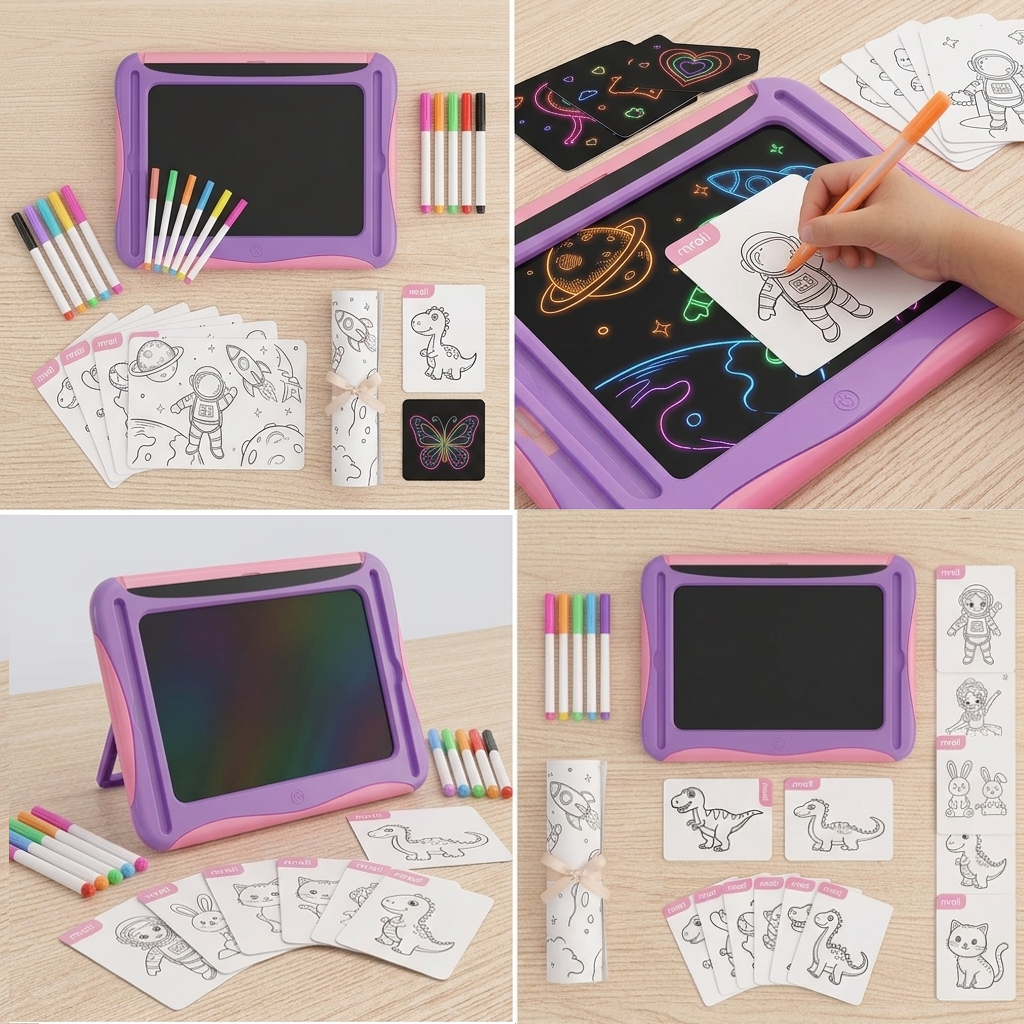 LED Light-Up Drawing Writing Doodle Board, Learning Travel Toy with 9 Double-Sided Cards, 6 Markers, Art Set, Suitable for Birthday Gifts And Christmas Gifts for Girls And Boys Aged 3-8. 21 A collage showcasing the pink purple color LED Light Up Drawing Writing Doodle Board with different tracing cards, markers, and a scroll, arranged on a wooden surface.