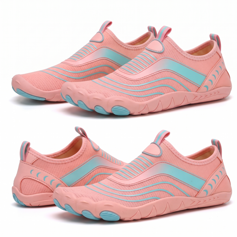 Unisex Quick-Dry Water Shoes, Comfortable and Breathable, Suitable for Fishing, Surfing, Hiking, Wading, Beach Play, and Fitness Squats 27 Studio presentation showing two pairs of pink color Unisex Quick-Dry Water Shoes from side profiles and angled orientations against a clean white backdrop, emphasizing the low-top silhouette and flexible aqua outsoles.
