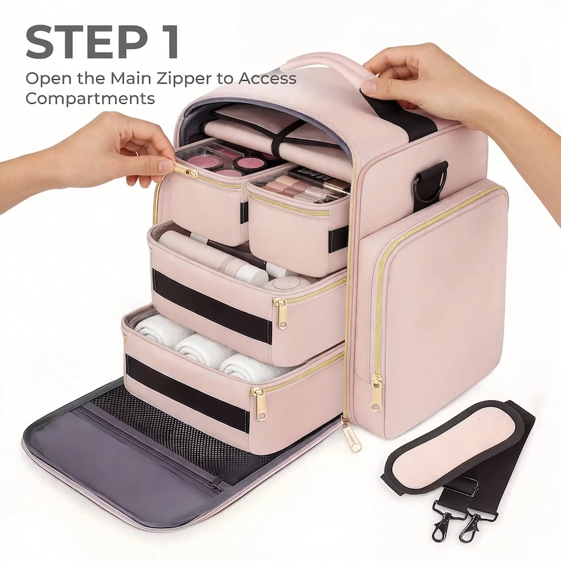 Travel Makeup Bag Spacious for Holidays/4 Detachable Cases/Jewelry Roll/Various Storage Compartments/Cosmetics, Toiletries, Skincare, Hair Products/Perfect Gifts for Women/Christmas 13 Hands unzipping the top and main compartments of the pink travel makeup bag spacious for holidays.