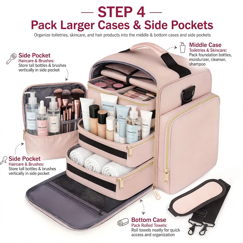 Travel Makeup Bag Spacious for Holidays/4 Detachable Cases/Jewelry Roll/Various Storage Compartments/Cosmetics, Toiletries, Skincare, Hair Products/Perfect Gifts for Women/Christmas 16 Instructional step 4 image demonstrating how to pack larger cases, side pockets, skincare bottles, and rolled towels in the travel makeup bag spacious for holidays.