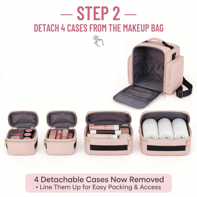 Travel Makeup Bag Spacious for Holidays/4 Detachable Cases/Jewelry Roll/Various Storage Compartments/Cosmetics, Toiletries, Skincare, Hair Products/Perfect Gifts for Women/Christmas 14 Four individual clear-top cosmetic cases detached and lined up in front of the empty pink travel makeup bag spacious for holidays.