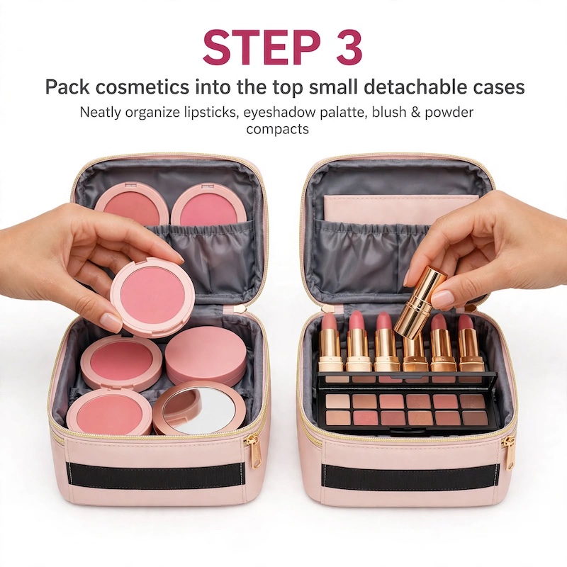 Travel Makeup Bag Spacious for Holidays/4 Detachable Cases/Jewelry Roll/Various Storage Compartments/Cosmetics, Toiletries, Skincare, Hair Products/Perfect Gifts for Women/Christmas 15 Two open small pink detachable cases from a travel makeup bag spacious for holidays, being packed with blush compacts, lipsticks, and an eyeshadow palette by hands.