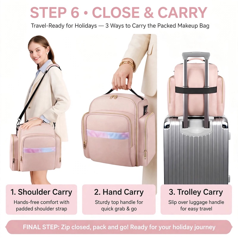 Travel Makeup Bag Spacious for Holidays/4 Detachable Cases/Jewelry Roll/Various Storage Compartments/Cosmetics, Toiletries, Skincare, Hair Products/Perfect Gifts for Women/Christmas 18 Three ways to carry the pink travel makeup bag spacious for holidays: as a shoulder bag, a hand-carried bag, and slipped over a rolling luggage trolley handle.