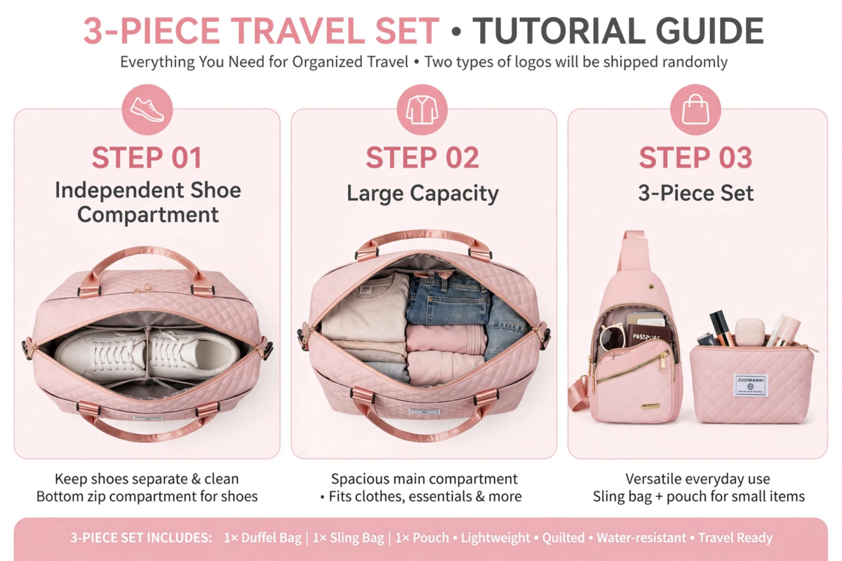 A Three-Piece Travel Set Including a Tote Bag, a Toiletry Bag, And a Shoulder Bag, Featuring a Spacious Independent Shoe Compartment, Perfect for Outdoor Fitness, Travel, Overnight Stays, And Weekend Trips 13 An infographic tutorial guide for a pink color tote bag set, illustrating its independent shoe compartment, large capacity main compartment, and matching sling bag and pouch accessories.