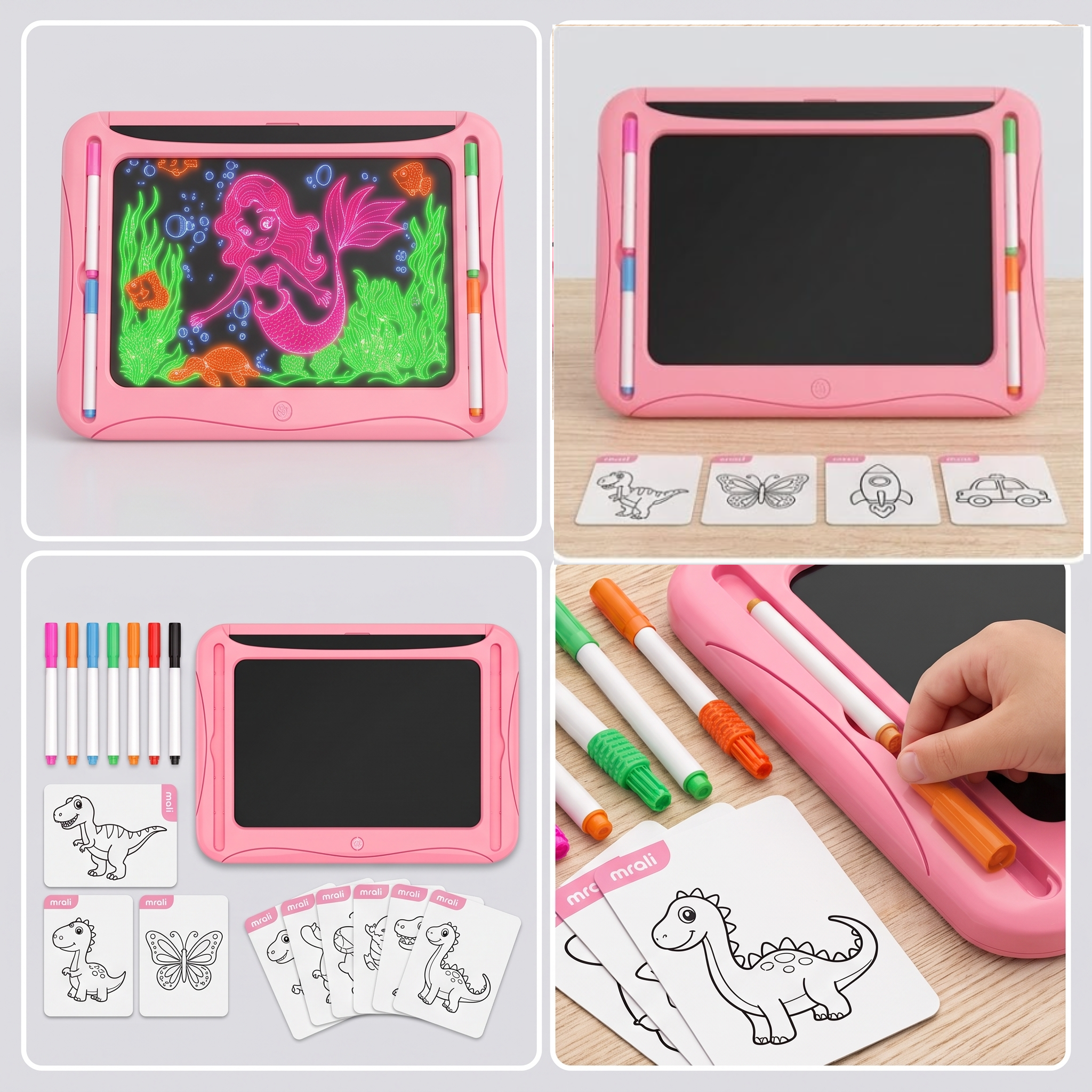 LED Light-Up Drawing Writing Doodle Board, Learning Travel Toy with 9 Double-Sided Cards, 6 Markers, Art Set, Suitable for Birthday Gifts And Christmas Gifts for Girls And Boys Aged 3-8. 14 A collage showcasing the pink color LED Light Up Drawing Writing Doodle Board alongside various tracing cards featuring animals and shapes, with a close up of a child using a marker.