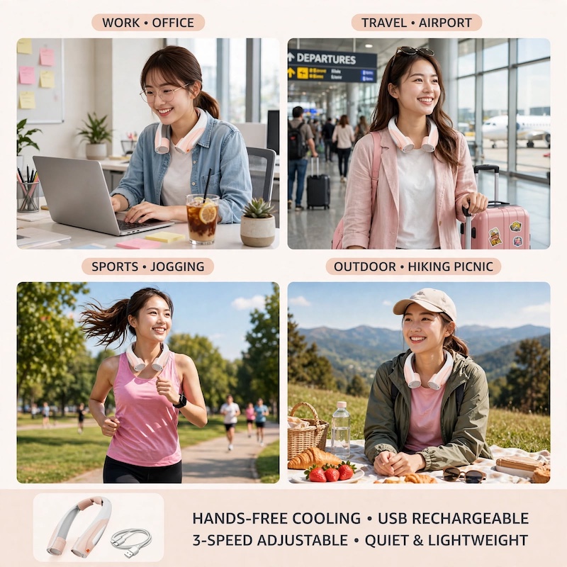 Ultra-Long Battery Life: 6-20 Hours, Dual Wind Speeds, Super Quiet Brushless Motor, 3000mAh*2, Durable USB Charging, Soft Silicone Neck Strap, Ideal for Work, Travel, Sports, and Outdoor Activities, Outdoor Sports Fan|Ergonomic Neckband Fan|Durable 11 mrali pink white neckfan collage