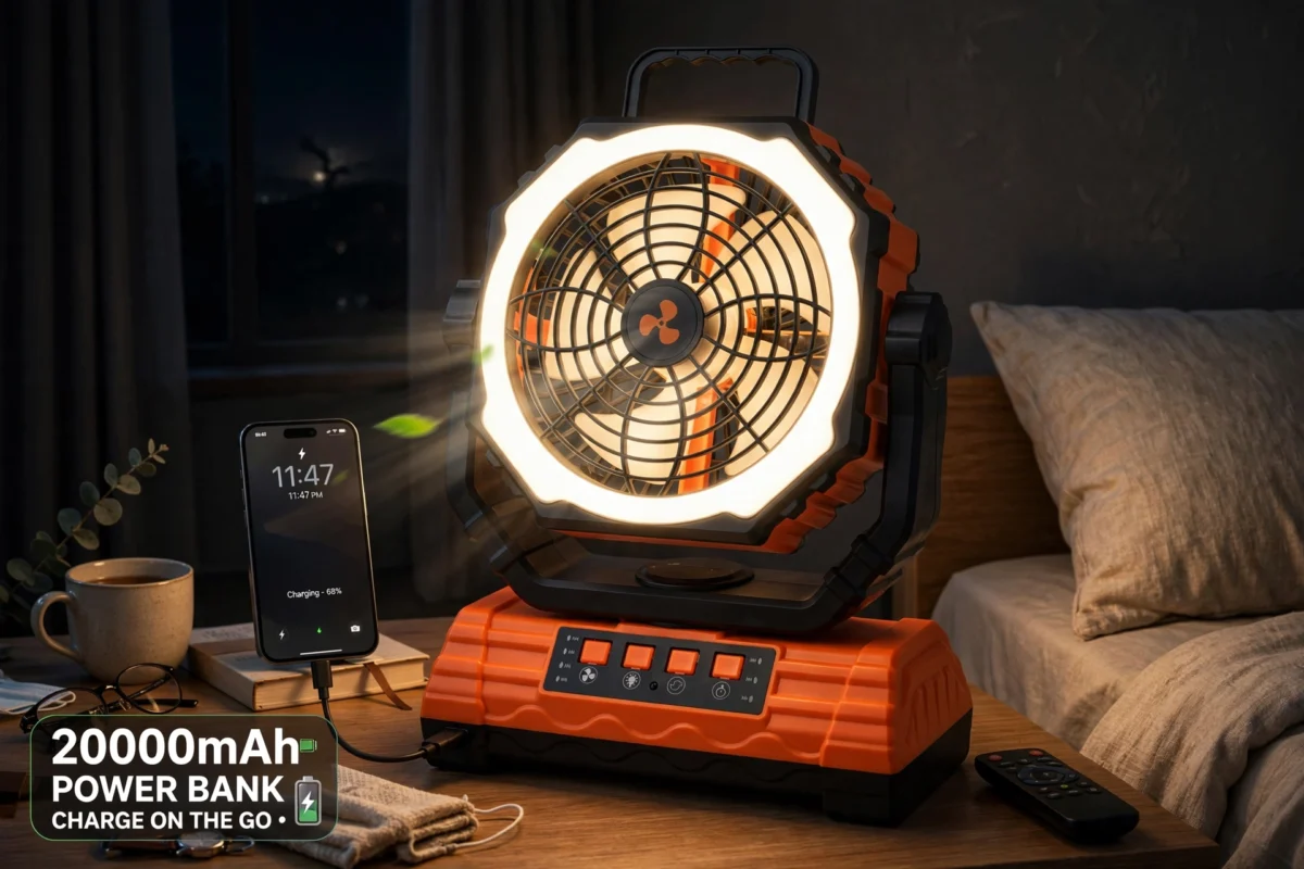 practical Cold Air Battery Powered Fan with 4LED Lantern, 20000mAh Dual Motor Camping Fan, 4-Speed Adjustable Desktop Fan with Hook, Remote Control Portable Outdoor Fan Suitable for Tents, Power Outages and Construction Sites 7 Cold Air Battery Powered Fan resting on a nightstand in a dark bedroom while charging a smartphone via USB.