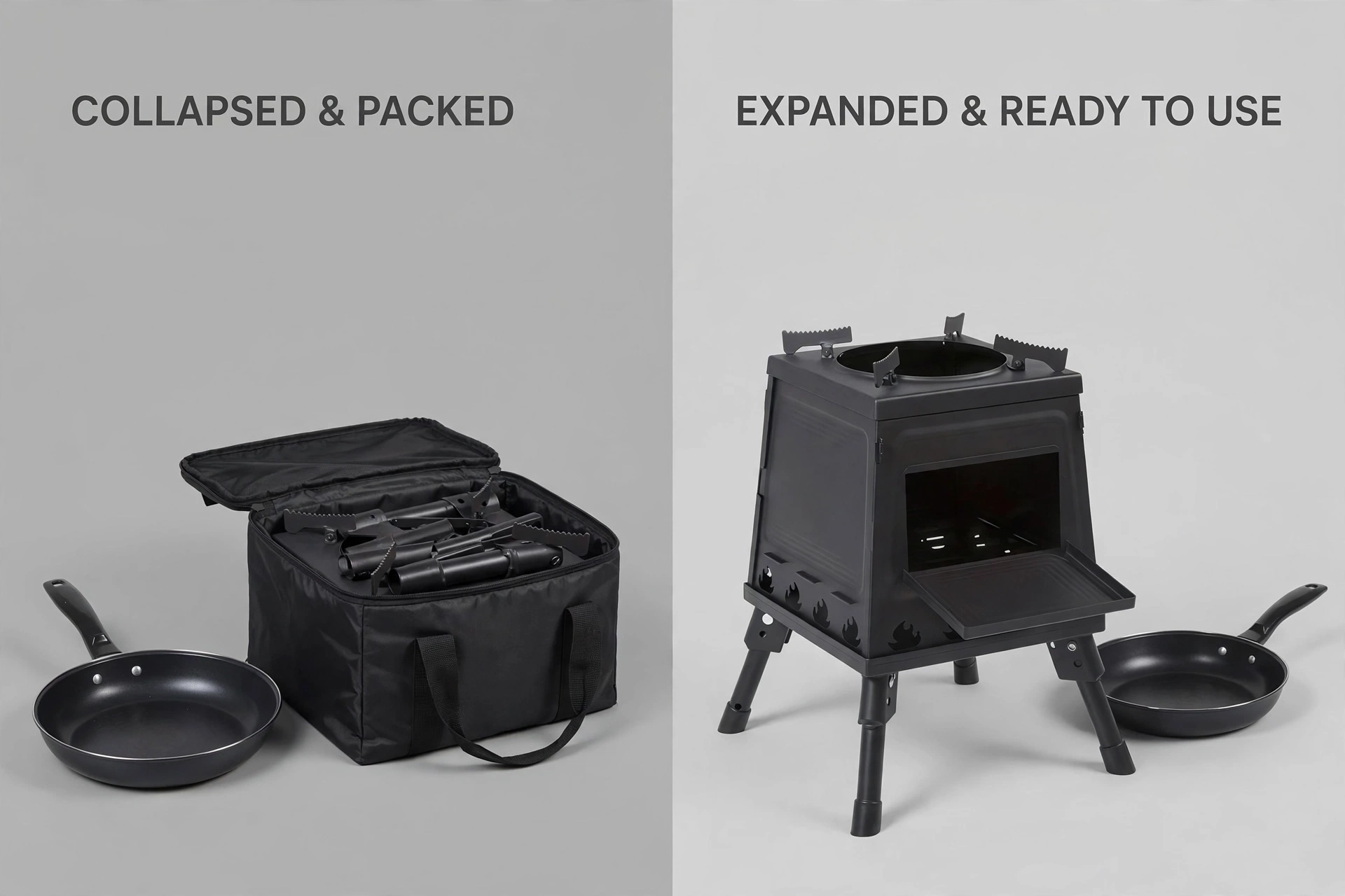 Portable Wood Burning Camp Stove - Heavy-Duty Outdoor Campfire Stove with Sturdy Legs & Air Vents, Firewood/Bonfire Compatible for Hiking, Backpacking, Picnic, BBQ, Travel - No Electricity/Flint/Magnesium Needed 7 Split comparison image showing the Portable Wood Burning Camp Stove packed in its bag versus fully expanded and ready