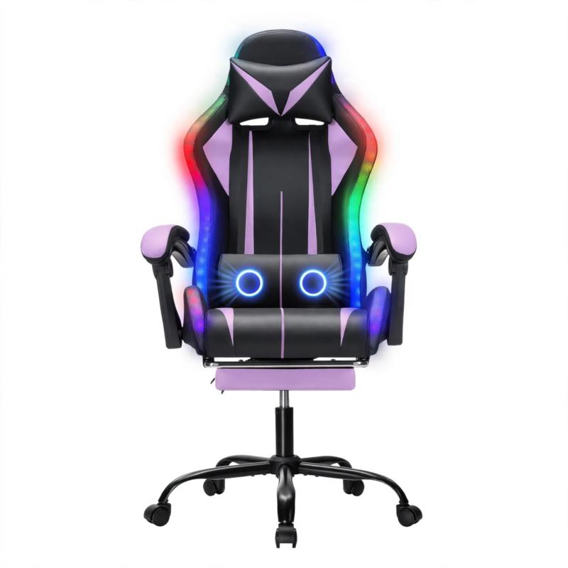 New Model 1.2 Two-Point Massage Lumbar with 135-Degree LED Light Strip 8 Front view of a black and purple Hoffree gaming chair featuring vibrant RGB side borders and a 1.2 Two-Point Massage Lumbar pillow.