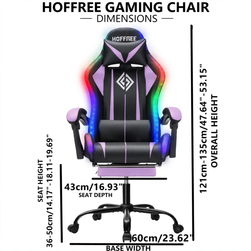 New Model 1.2 Two-Point Massage Lumbar with 135-Degree LED Light Strip 9 Dimension layout diagram of the purple and black Hoffree gaming chair displaying overall height, seat height, depth, and base width alongside its 1.2 Two-Point Massage Lumbar structure.
