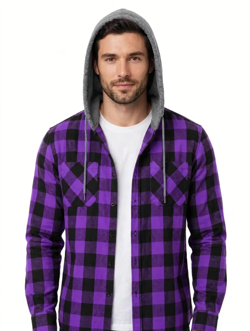 2pcs Men's New York Fashion Trendy Plaid Shirt Hoodie, Plaid Pullover Sweatshirt Flannel Hoodie 13 Front close-up of a male model wearing an open purple and black fashion trendy plaid shirt hoodie over a white t-shirt against a white background.