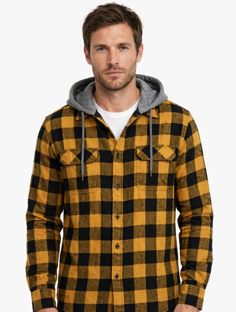 2pcs Men's New York Fashion Trendy Plaid Shirt Hoodie, Plaid Pullover Sweatshirt Flannel Hoodie 11 Front close-up of a male model wearing a yellow and black fashion trendy plaid shirt hoodie over a white t-shirt, showing chest pockets and a gray hood.