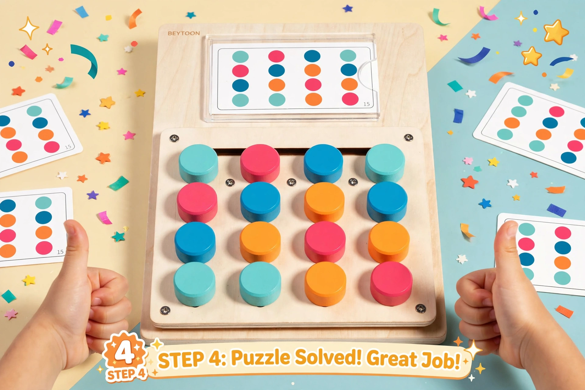 BEYTOON Wooden Color Puzzle Boost Logic, Focus & Hand-Eye Coordination | Educational Toy for YoungstersChristmas stocking stuffers,Christmas stocking stuffers 8 Two hands giving thumbs up next to a solved Wooden Color Puzzle Boost Logic game board featuring colorful sliding cylinders matching a reference card amid festive confetti.