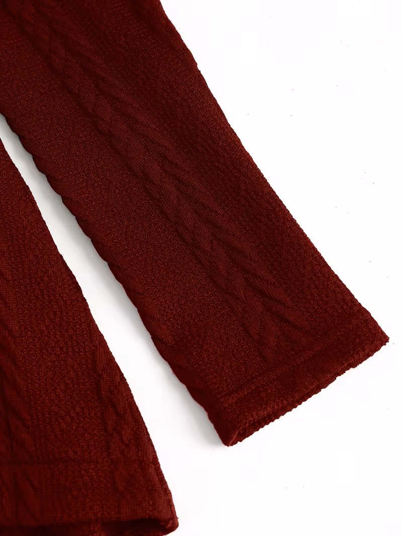 useful Sophisticated Decorative Buttoned Long Sleeve Top | Modern High Neck Knit for Business Casual 5 Sleeve Detail: A high-resolution close-up of the long sleeve on a deep red decorative buttoned top, showcasing a central braided cable knit pattern and a soft ribbed cuff.
