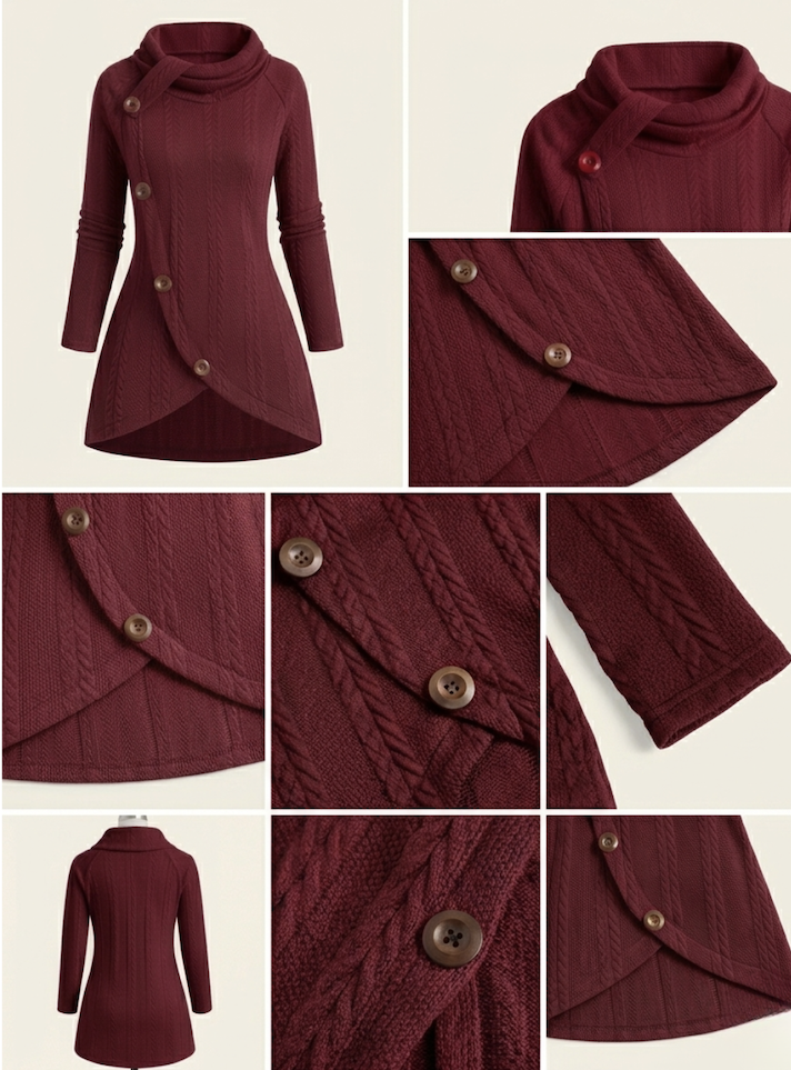 useful Sophisticated Decorative Buttoned Long Sleeve Top | Modern High Neck Knit for Business Casual 17 Full Product View: A studio collage of a deep red decorative buttoned long sleeve top showing front and back views with an asymmetrical hem.Neckline Close-Up: Detailed view of the burgundy high-neck cowl collar with a decorative strap and button accent. Hemline Detail: A focused shot of the overlapping asymmetrical hem and wood-textured buttons on red cable knit fabric. Fabric Texture: A macro shot of the deep red cable weave pattern and brown decorative button detail.